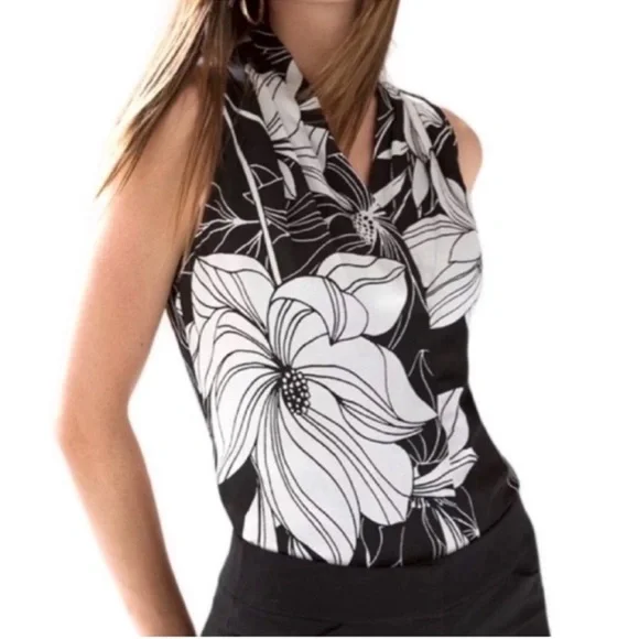 NEW WHBM Sleeveless Blouse V-neck Bold Magnolia Floral Black White Size XS - Picture 1 of 14